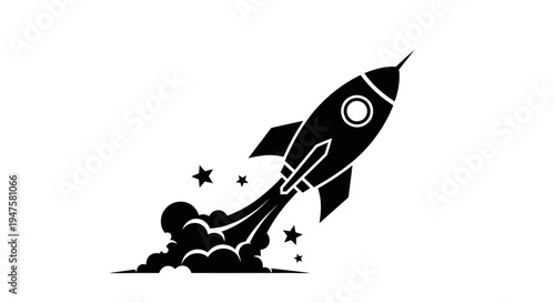 Black and white rocket ship blasting.