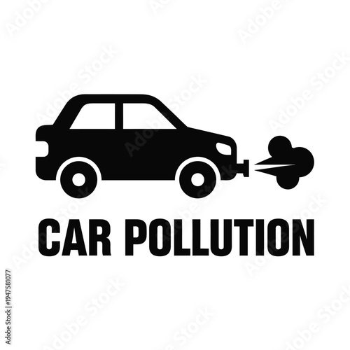A simple black silhouette depicts a car emitting exhaust fumes visually representing the concept of car pollution and environmental impact high quality professional detailed