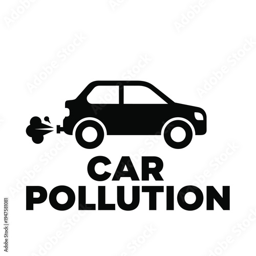 A simplistic black silhouette depicts a car emitting exhaust fumes accompanied by the text car pollution below it high quality professional detailed modern elegant