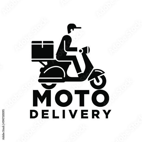 A minimalist black silhouette depicts a delivery person on a scooter transporting packages with the text moto delivery below high quality professional detailed modern
