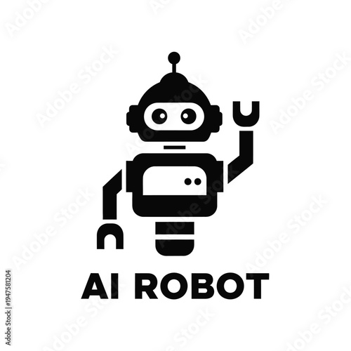 A stylized black silhouette of a friendly robot waving with the text ai robot displayed underneath it high quality professional detailed modern elegant stylish