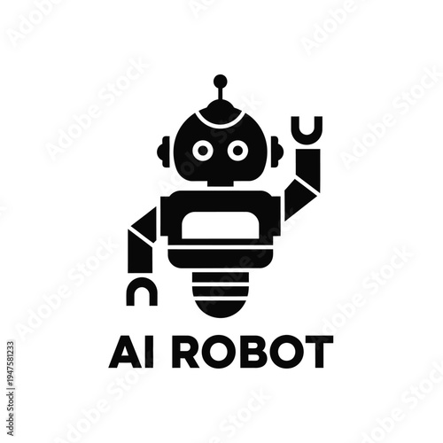 A minimalist black silhouette of a friendly robot waving accompanied by the text ai robot beneath it high quality professional detailed modern elegant stylish