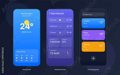 "A sleek and sophisticated mobile weather application UI/UX concept featuring a dark mode theme. The design utilizes a vibrant color palette of cerulean blue, deep purple, and sunset orange to disting