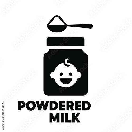 A simple black and white graphic depicts a jar with a baby face a spoon and the text powdered milk below it high quality