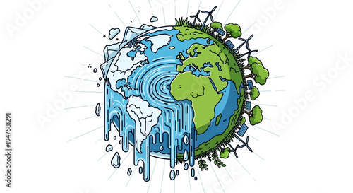 Earth melting and green with wind turbines.