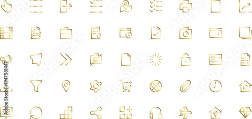 Golden Icon Set: A comprehensive collection of golden icons, meticulously crafted to represent a diverse array of digital actions, encompassing all aspects of digital interface.