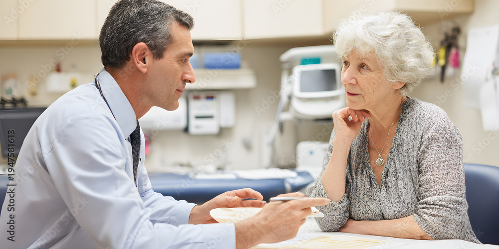 Fototapeta premium Professional male doctor is explaining medical results to elderly female patient. Healthcare concept