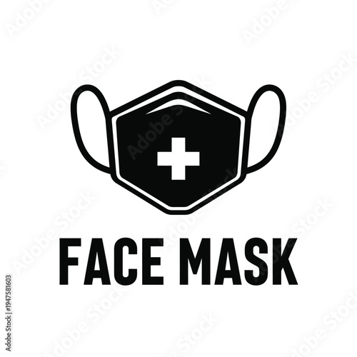 A stark black and white graphic depicts a face mask with a white medical cross symbol accompanied by bold text labeling high quality professional detailed modern