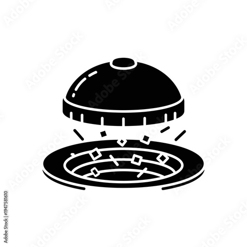 A black silhouette of a shower drain with rising water droplets