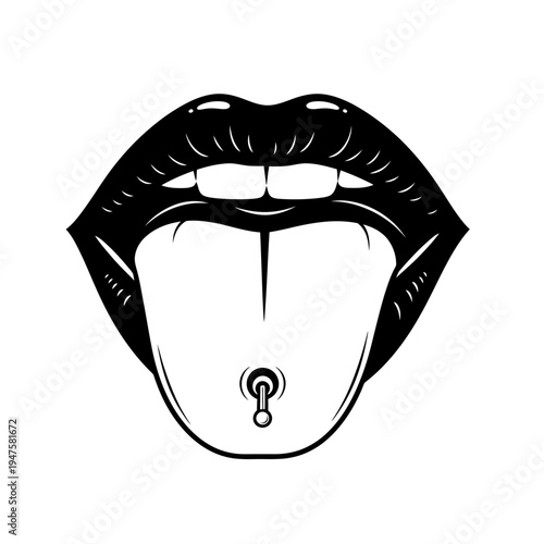 Open mouth with detailed lips and tongue piercing illustration