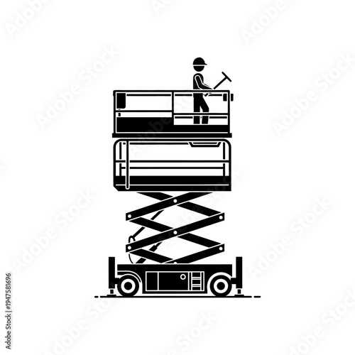 Worker operating a scissor lift for maintenance or construction tasks