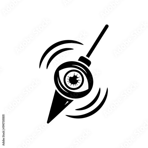 A stylized black and white illustration of an eye with a probe