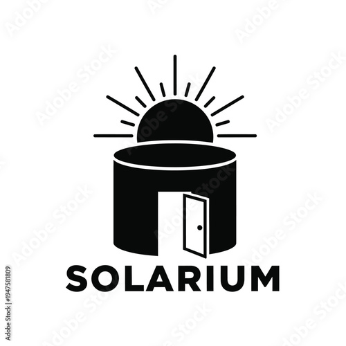 A minimalist black and white graphic depicts a cylindrical solarium structure with a doorway and radiating sunbeams above high quality professional detailed modern elegant stylish clean