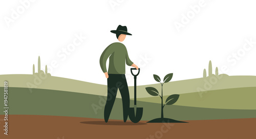 Farmer planting a small tree with a shovel in the soil.