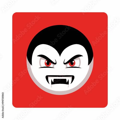 Cartoon vampire face icon with red eyes on a red background