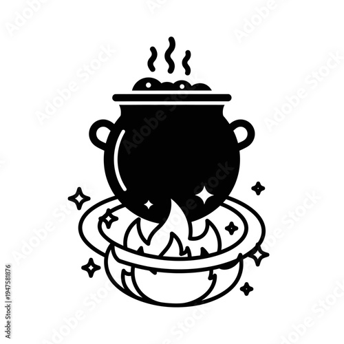A black silhouette of a bubbling cauldron over a magical fire