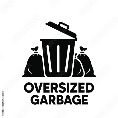 A stark black and white graphic depicts an overflowing trash can with two garbage bags labeled oversized garbage high quality professional detailed modern elegant stylish clean