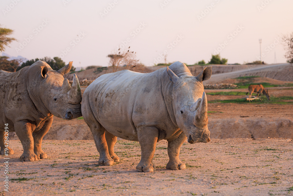 Naklejka premium Two rhinoceroses standing in a savannah at sunset