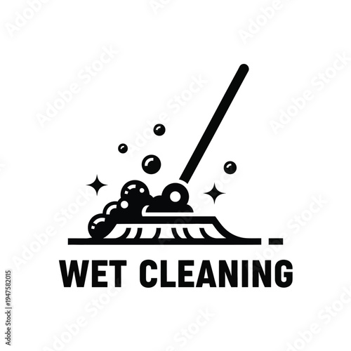 A black and white illustration depicts a mop with bubbles and sparkles accompanied by the text wet cleaning below high quality professional detailed modern elegant stylish