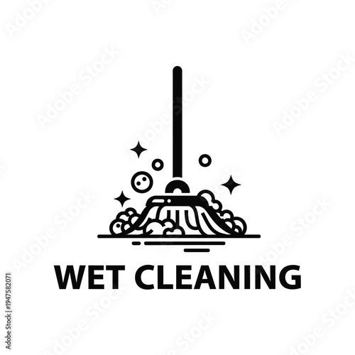 A simple black and white line drawing depicts a mop with bubbles accompanied by the text wet cleaning below it high quality professional detailed modern elegant