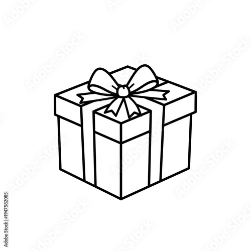A simple black and white illustration of a gift box with a bow