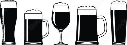 Collection of five black silhouette beer glasses and mugs assortment