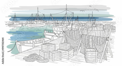 Fishing boats docked at a harbor with crates and nets on the pier.