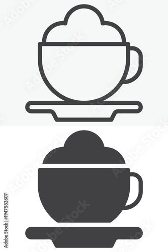 Cappuccino cup icon set with foam coffee drink. Line outline and solid icon styles. Editable stroke vector sign symbol for cappuccino cup icon, cafe beverage.
