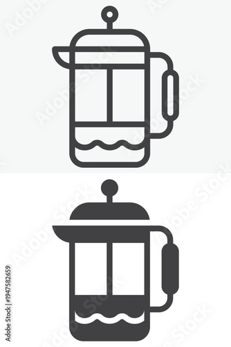 French press coffee maker icon set with plunger brewing device. Line outline and solid icon styles. Editable stroke vector sign symbol for french press icon, cafe brewing.