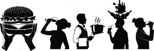 Silhouette Collection Of People Enjoying Food And Drinks With A Large Burger vector illustration