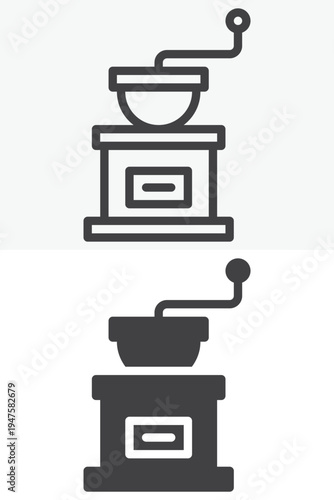 Coffee grinder icon set with manual coffee grinding machine. Line outline and solid icon versions. Editable stroke vector sign symbol for coffee grinder icon, cafe equipment.