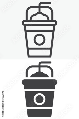 Coffee frappe cup icon set with iced coffee drink and straw. Line outline and solid icon styles. Editable stroke vector sign symbol for frappe cup icon, cafe cold beverage.