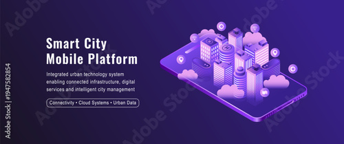 Isometric Smart City Mobile Platform with Connected Urban Infrastructure