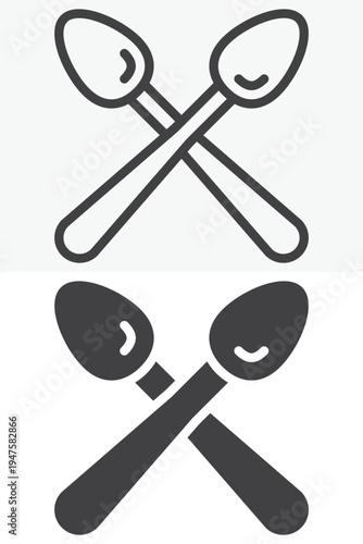 Cross spoons icon set with two crossed teaspoons. Line outline and solid icon styles. Editable stroke vector sign symbol for spoon icon, cafe kitchen utensil.