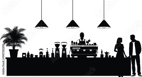 Silhouette Of A Coffee Shop Interior With Barista And Customers At The Counter vector illustration