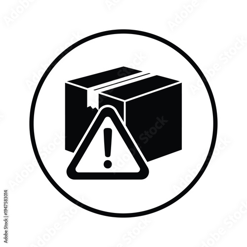 A simple black and white icon depicts a cardboard box with an attached warning sign representing fragile contents or potential hazard high quality professional detailed modern