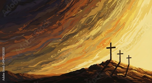 Easter crucifixion scene with three crosses on a hill at sunset symbolizing resurrection and hope