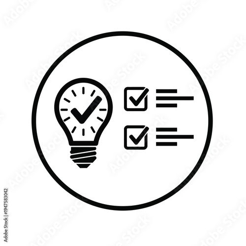 A black and white circular icon depicts an illuminated lightbulb with a clock face and checklist items high quality professional detailed modern elegant stylish