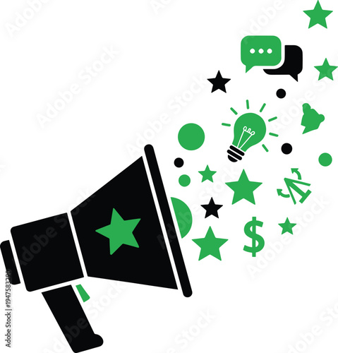 Megaphone announces ideas and financial success with stars and lightbulb vector graphics