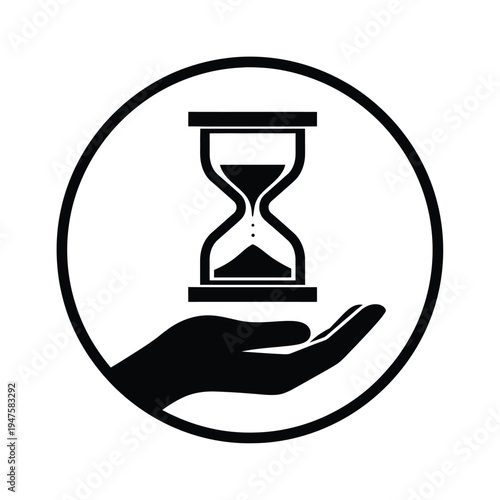 A black and white illustration depicts a hand gently holding an hourglass within a circular frame symbolizing time s fragility high quality professional detailed modern elegant stylish
