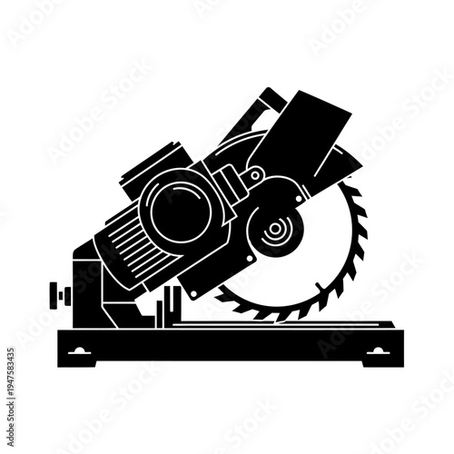 Black and white illustration of a miter saw tool for woodworking