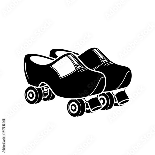 Black and white illustration of a pair of wooden roller skates