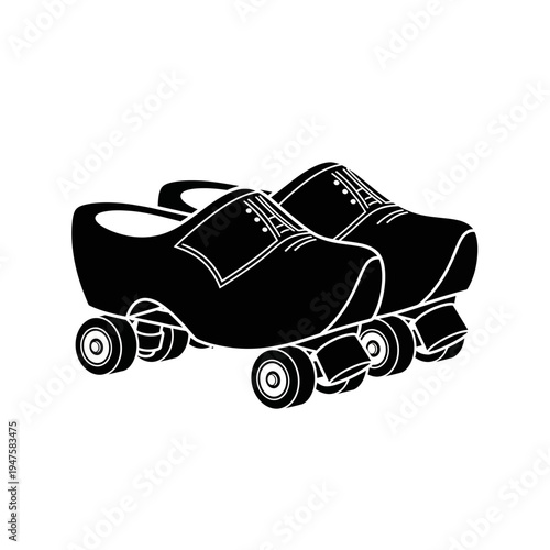 Black and white illustration of a pair of vintage roller skates