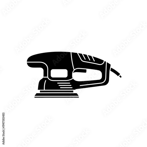 A black silhouette illustration of a power sander tool on white