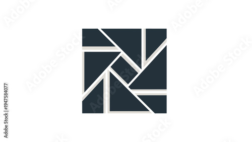 Geometric shapes in dark colors.