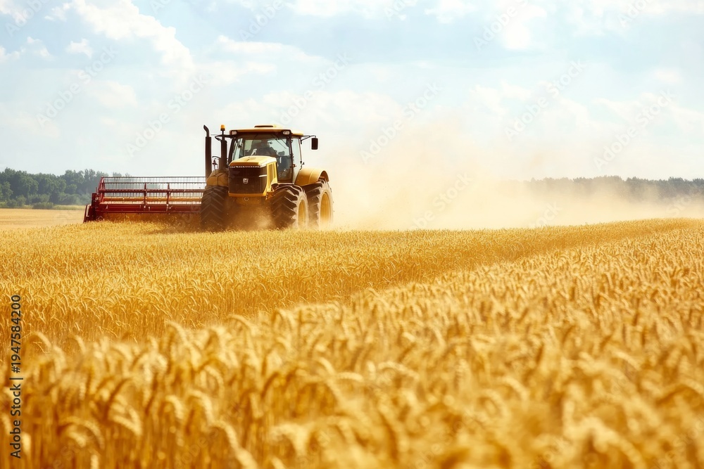 Obraz premium Powerful tractor working in golden wheat field during daytime under clear sky