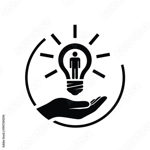 A stylized graphic depicts a human silhouette inside a lightbulb being held carefully within a protective hand high quality professional detailed modern elegant stylish