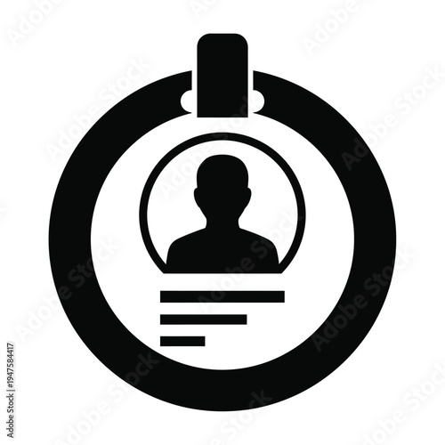 A stark black and white icon depicts a circular identification badge featuring a silhouette of a person s head and shoulders high quality professional detailed modern elegant