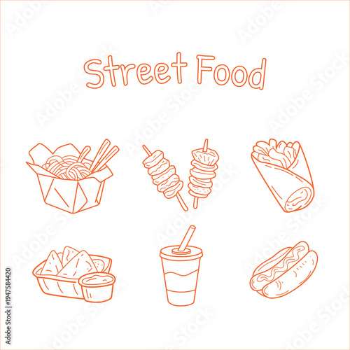 Street Food Doodle Icon Set with Noodles, Skewers, Wrap, Nachos, Soda and Hot Dog Line Illustration