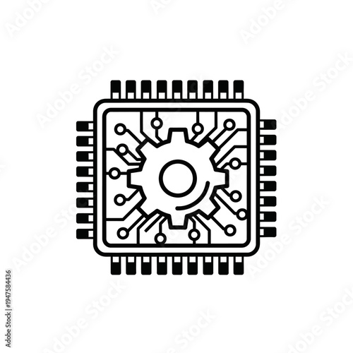 Black and white illustration of a microchip with internal gears